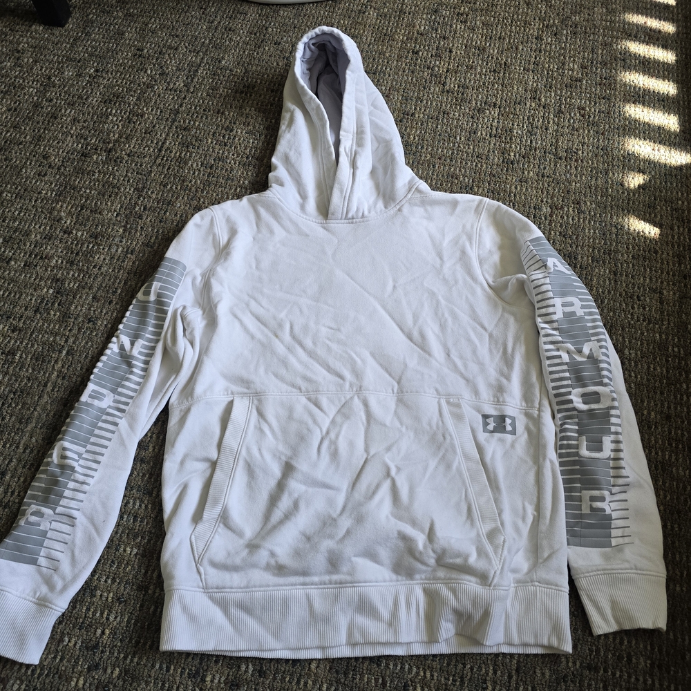 Under Armour White Hooded Sweatshirt with Gray Sleeve Graphics